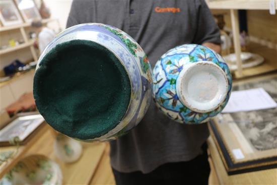 A Chinese wucai garlic-mouthed vase, late 17th century, restored, hole to base and an Isnik style baluster vase, possibly Kutahya (both